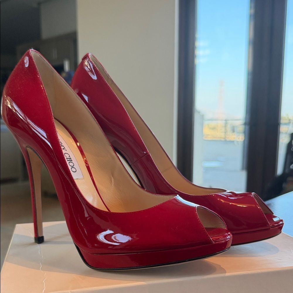 Jimmy Choo Glossy Red Peep Toe Heels